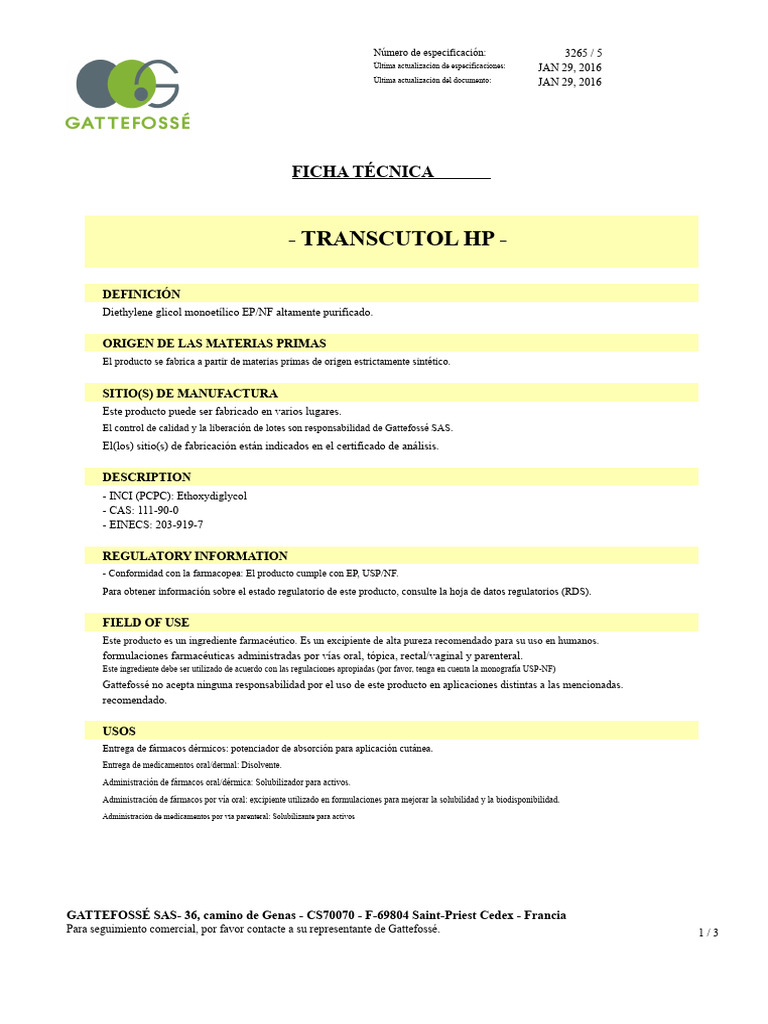 Ficha Técnica de Transcutol HP | PDF | Solubilidad | Medicamentos con ...