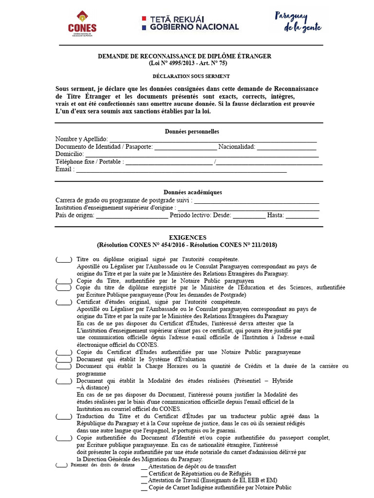 Demande de Reconnaissance Diplôme Étranger | PDF | Paraguay