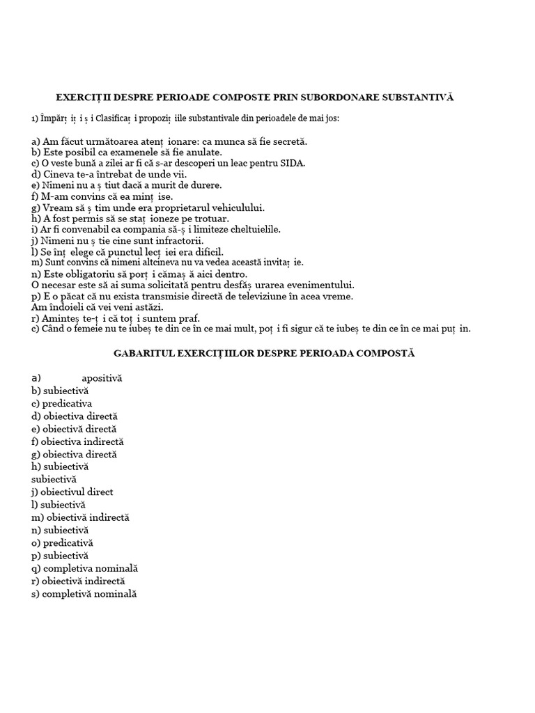 Exerciții Despre Perioadă Compusă Din Subordonare Substantivă | PDF