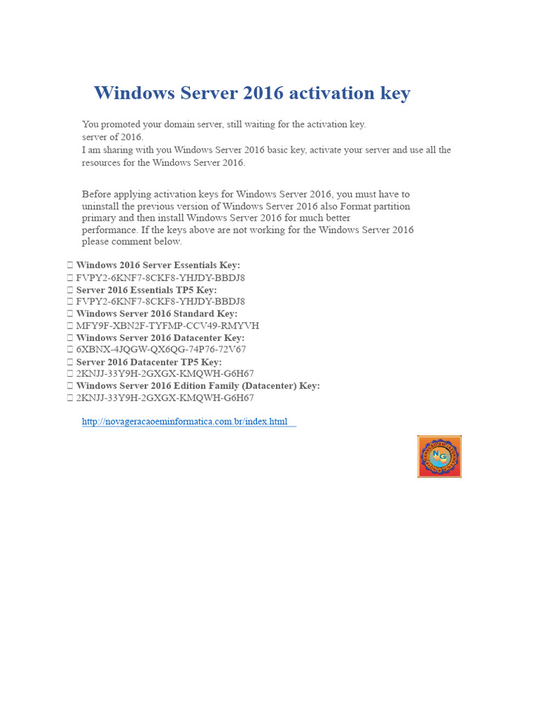 Windows Server 2016 Activation Keys Guide | PDF