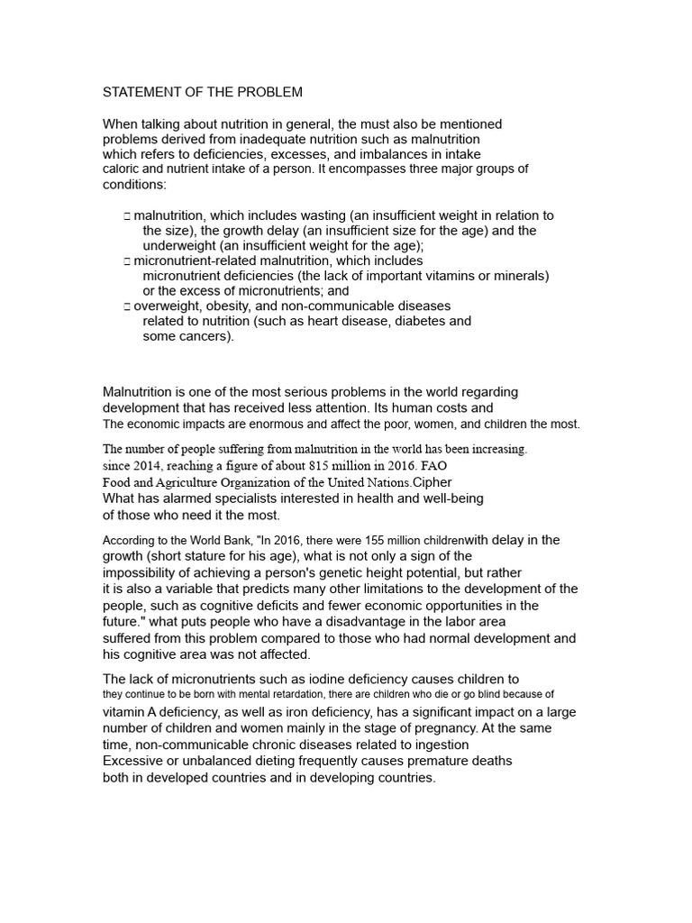 Statement of the Problem Nutrition | PDF | Malnutrition | Human Nutrition