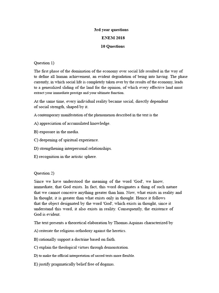 ENEM 2018 3rd Year Exam Questions | PDF | Reality | Faith