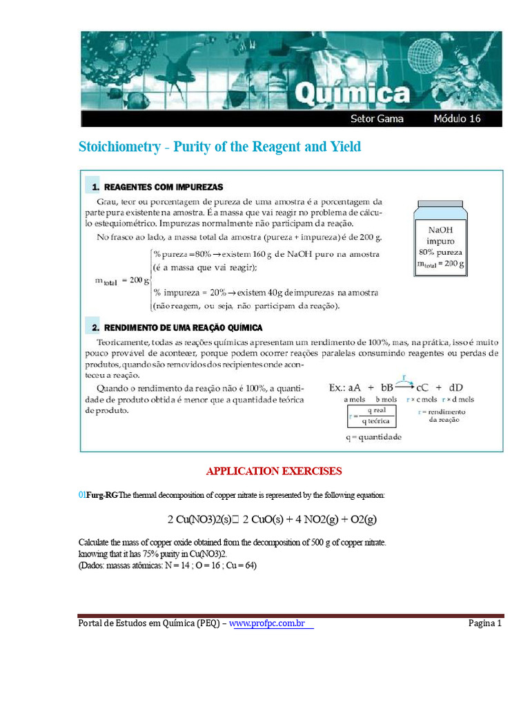 Stoichiometry – Purity of the Reagent and Yield | PDF | Iron | Mercury ...