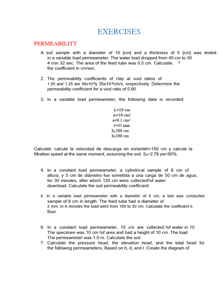 Soil Permeability Calculation Exercises | PDF | Porosity | Soil