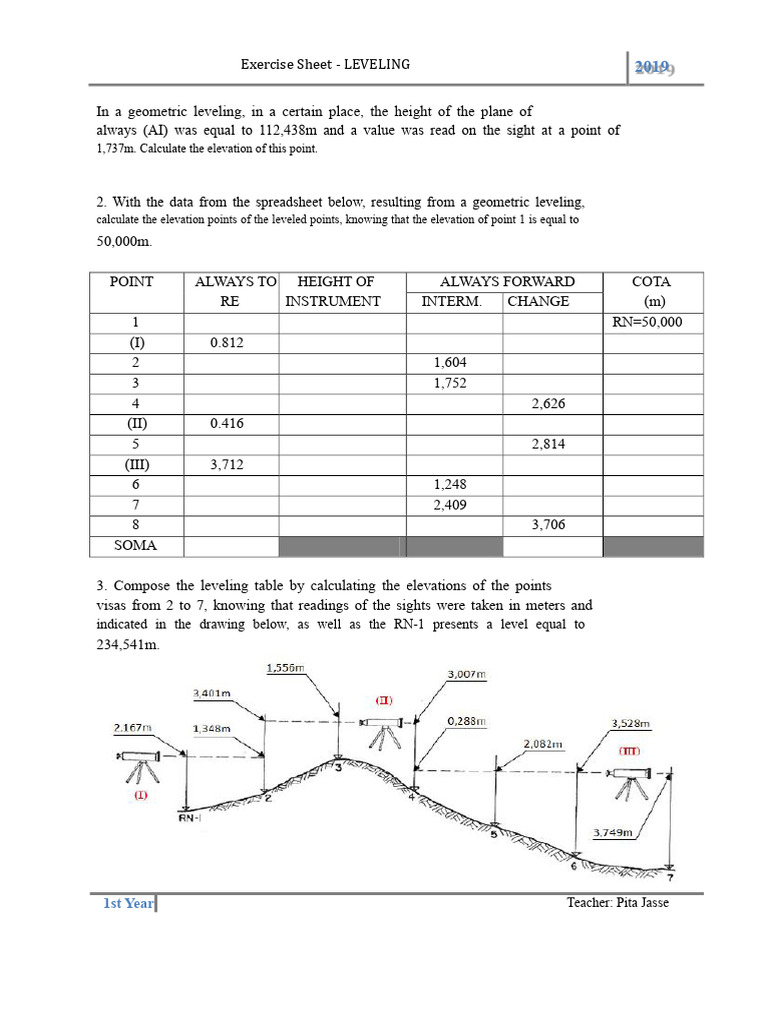 Exercises for Leveling - H12_2019.pdf | PDF | Surveying | Length