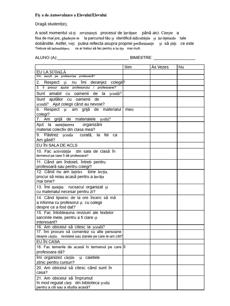 Exemplu 1 Fișă de Autoevaluare A Elevului | PDF