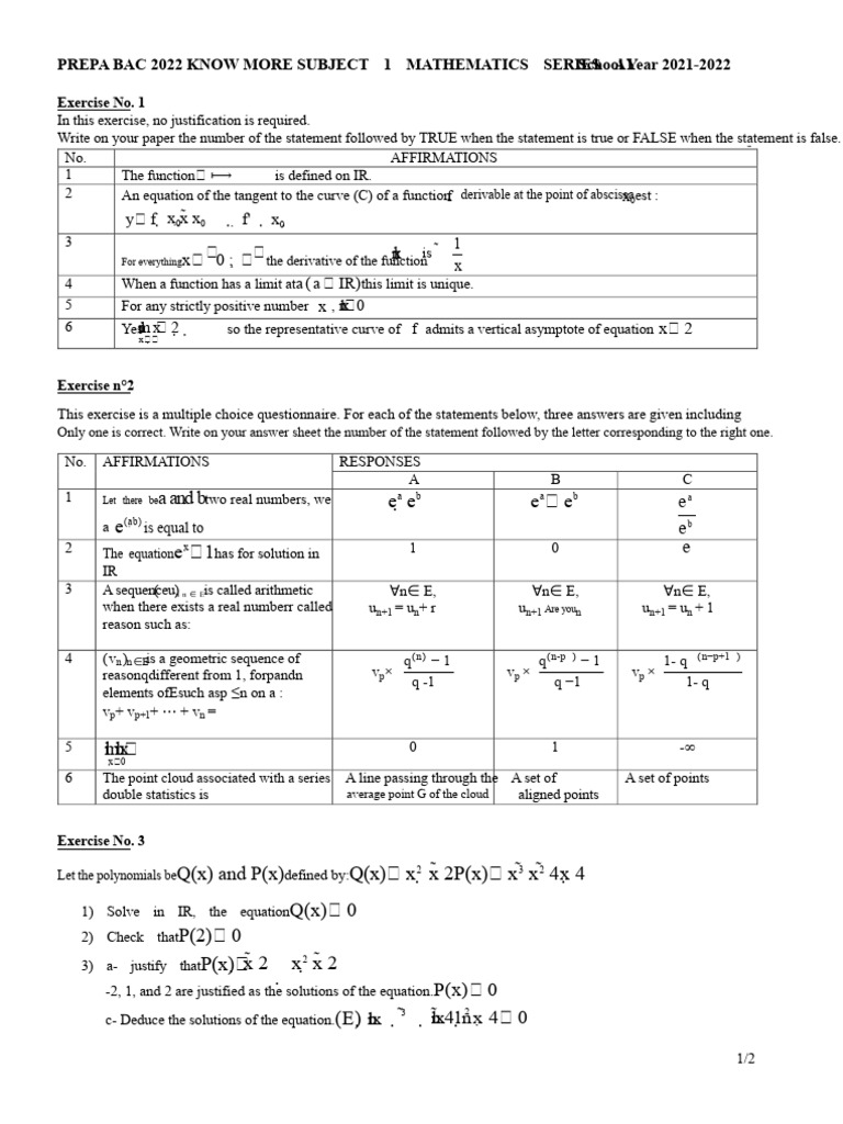 Mathematics Exercises for PREPA BAC 2022 | PDF | Equations | Function ...