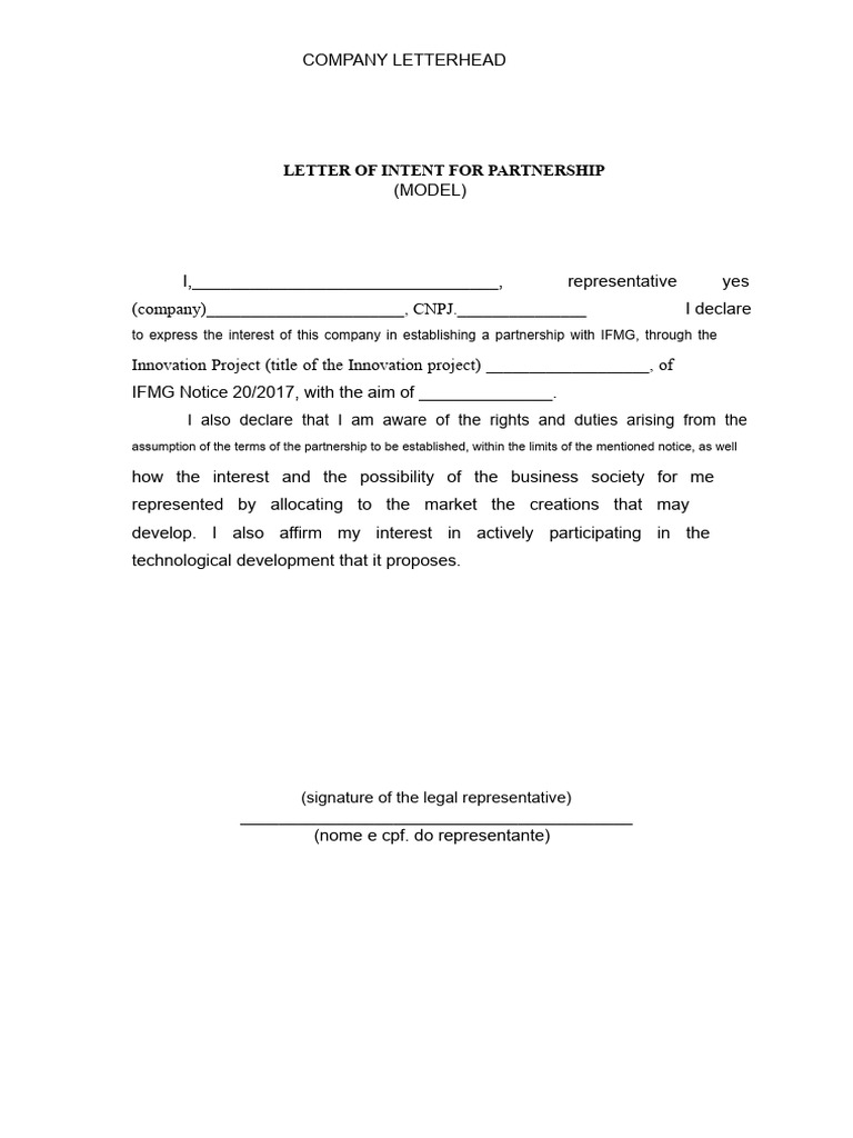 Letter of Intent For Partnership Model - Notice 20 2017 Annex Ii | PDF