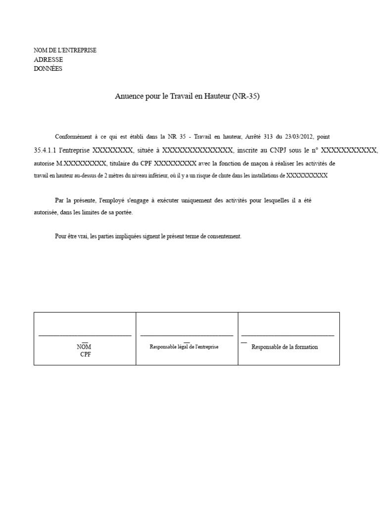 Autorisation de Travail en Hauteur NR-35 | PDF