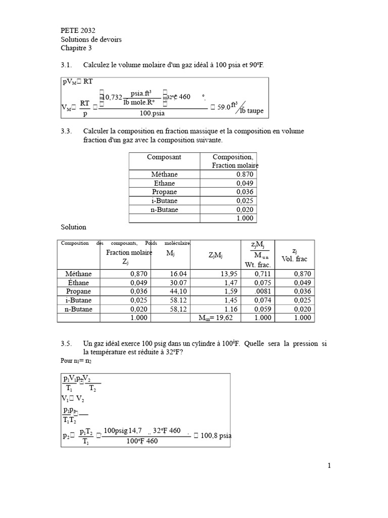 Calculs de gaz idéaux et propriétés chimiques | PDF | Chimie physique ...