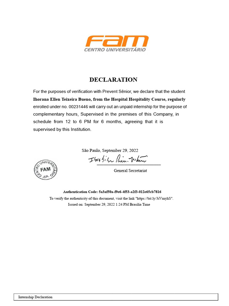 Internship Declaration for Ihorana Bueno | PDF