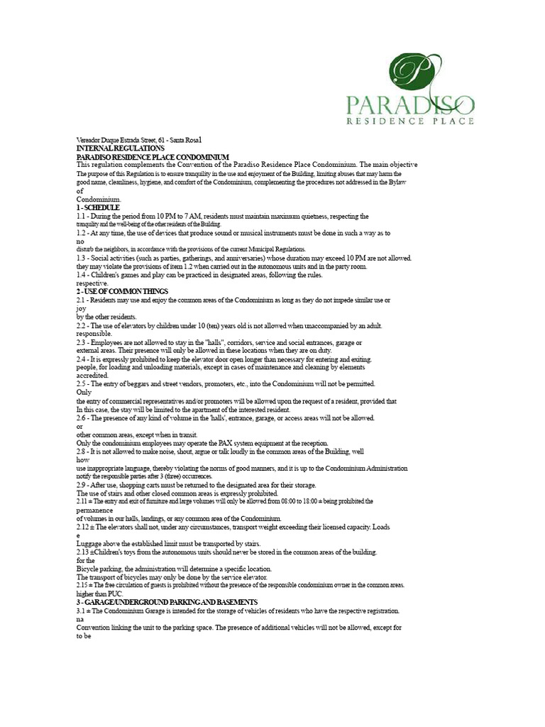 Paradiso Residence Place Condo Regulations | PDF | Parking | Waste