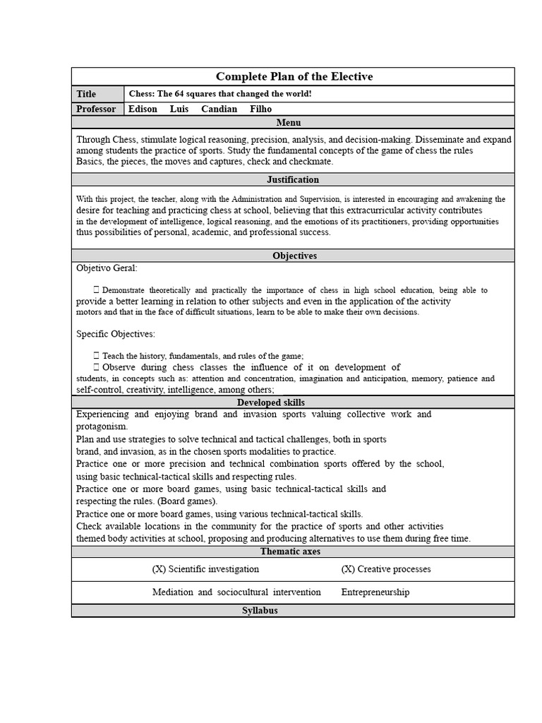 Complete Teaching Plan of the Elective - Prof. Edison - Chess | PDF ...