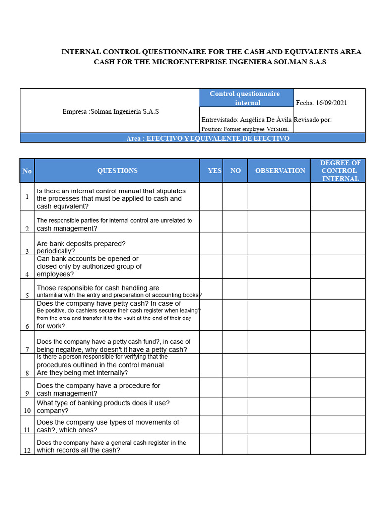 INTERNAL CONTROL QUESTIONNAIRE CASH AND CASH EQUIVALENTS AREA (1) | PDF ...