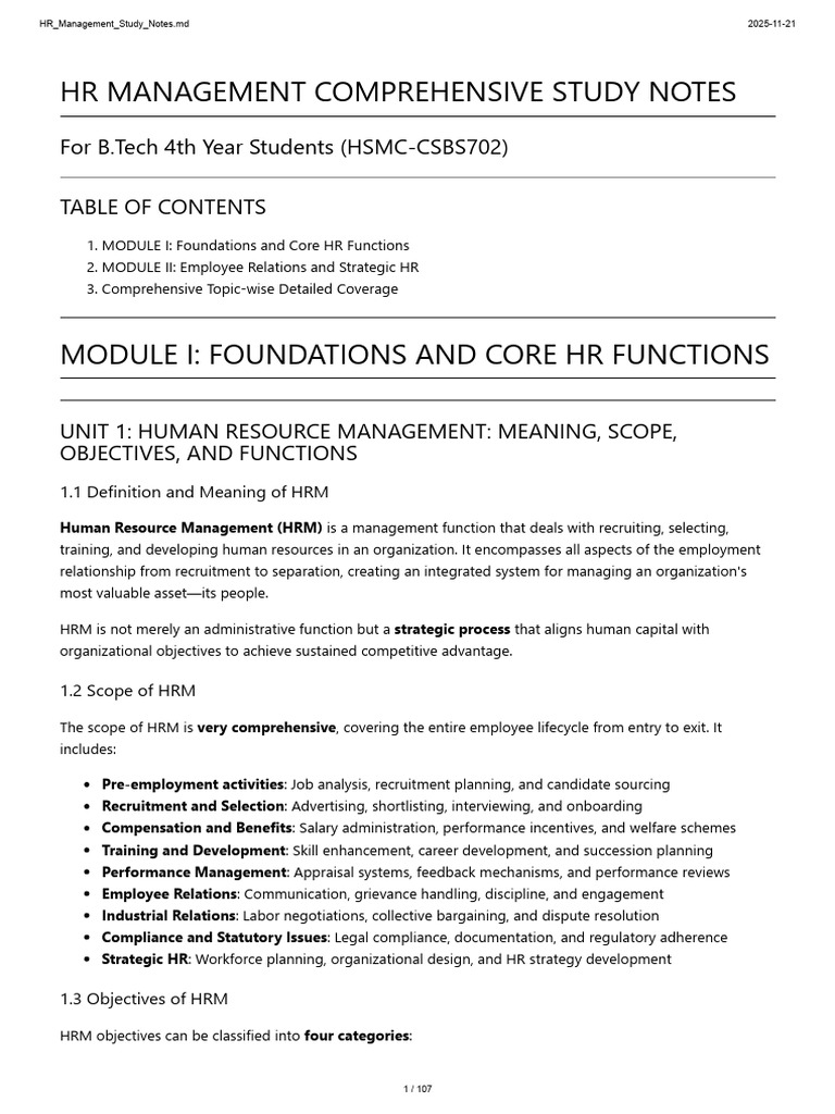 HR Management Study Notes for B.Tech Students | PDF | Human Resource ...
