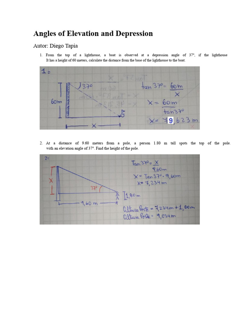 Angles of Elevation and Depression Problems | PDF | Angle