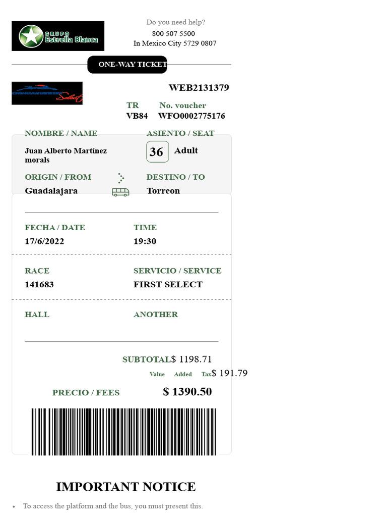 One-Way Bus Ticket Details | PDF