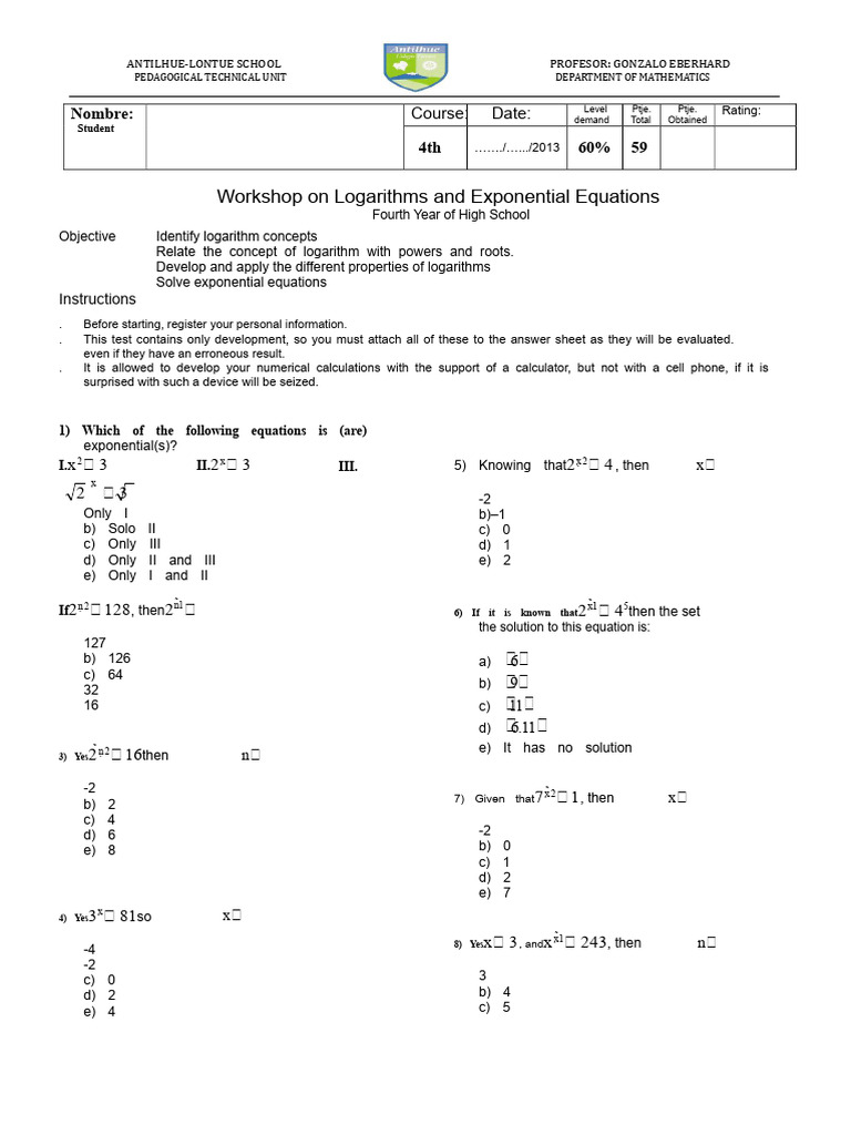 Logarithms and Exponential Equations Test | PDF | Logarithm | Equations