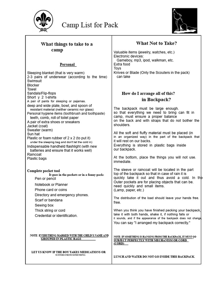 Essential Camp Packing Guide for Scouts | PDF | Backpack | Consumer Goods