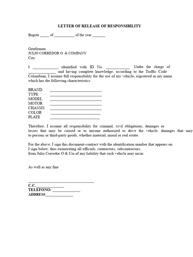Vehicle Release of Responsibility Letter | PDF