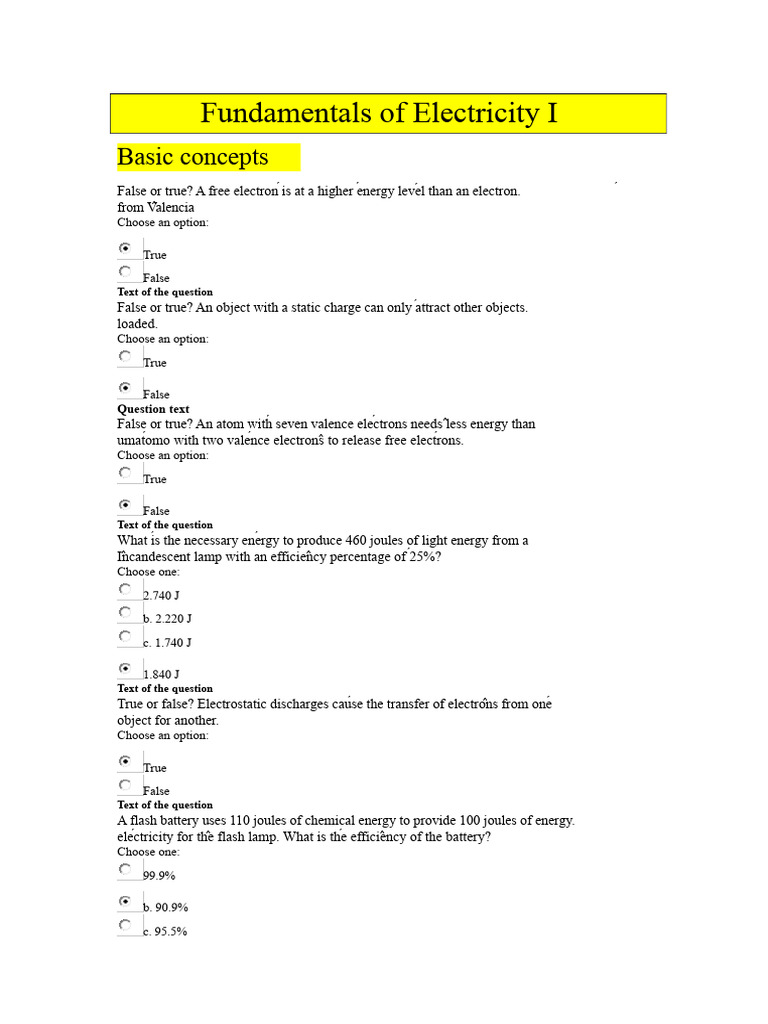 Electricity Fundamentals Quiz Questions | PDF | Resistor | Electricity
