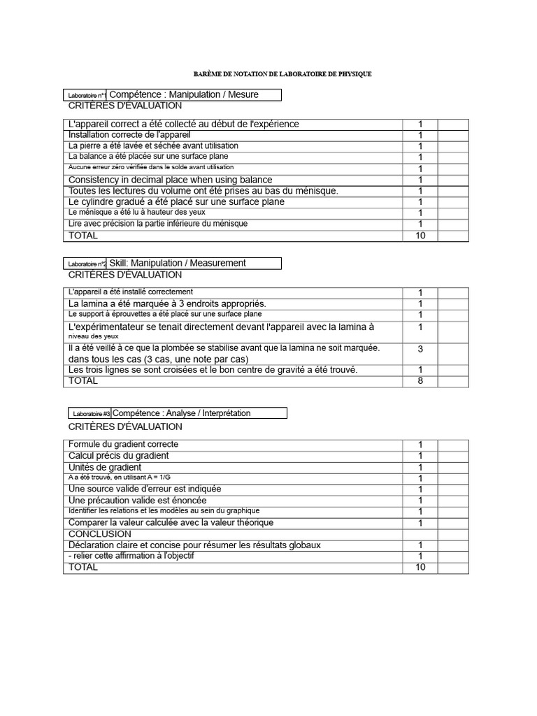 Barème de Notation pour Laboratoires de Physique | PDF | Logique