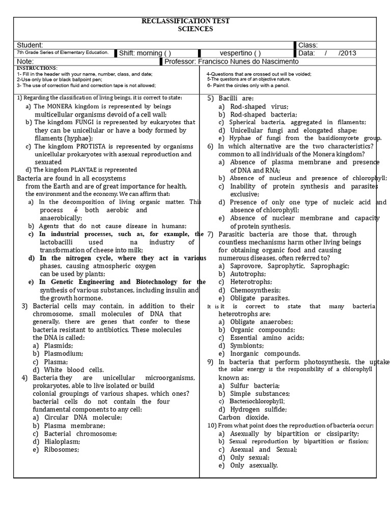 Reclassification Test Sciences 7th Grade | PDF | Bacteria | Cell (Biology)