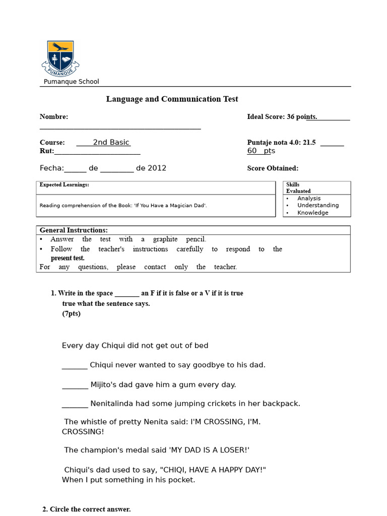 Language Test for 2nd Basic Students | PDF