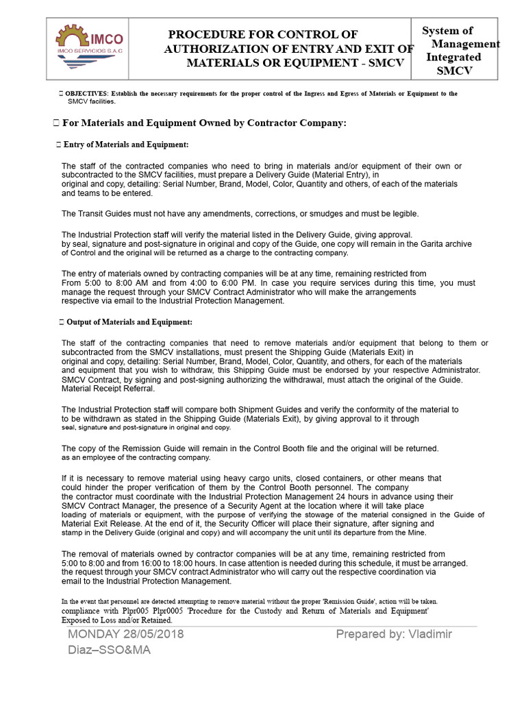 Procedure For The Control of Authorization For Entry and Exit of ...