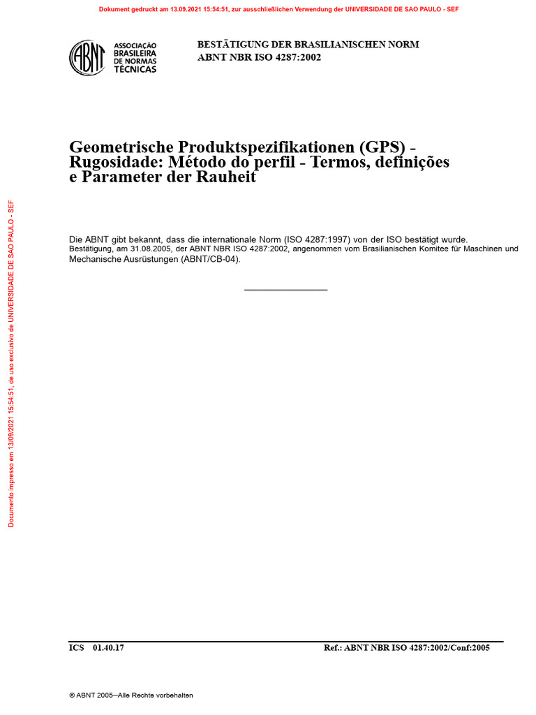 ABNT NBR ISO 4287 Geometrische Spezifikationen - Rauheit | PDF
