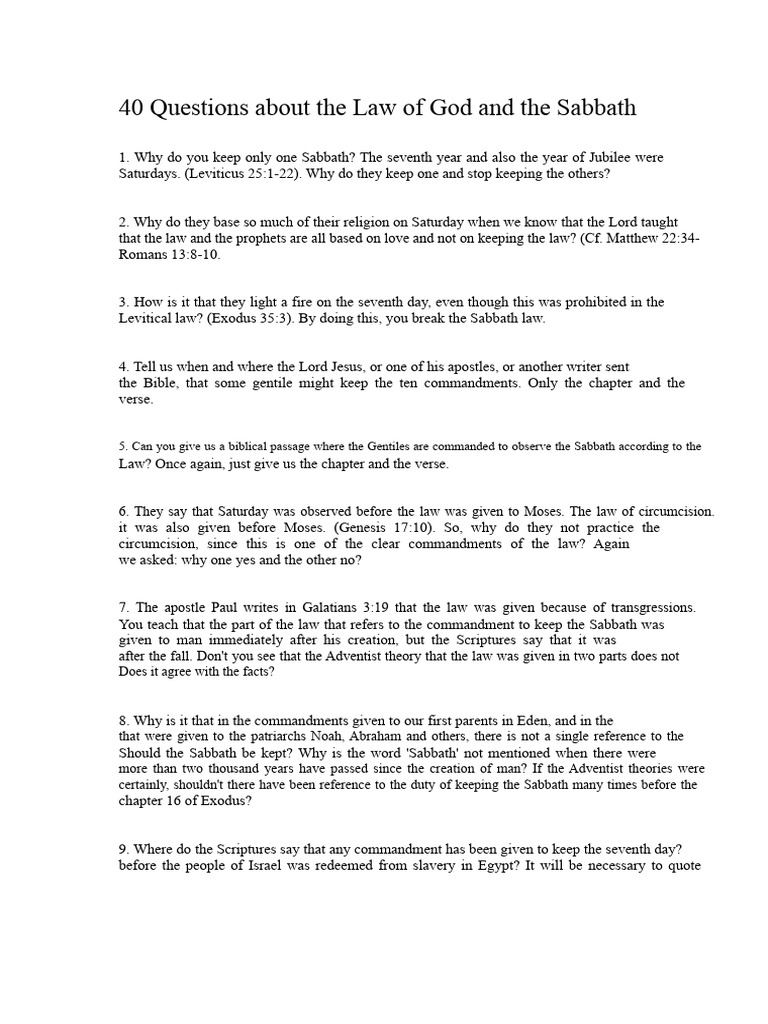 40 Questions on God's Law and the Sabbath | PDF | Ten Commandments ...