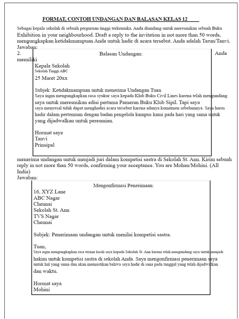 Contoh Balasan Undangan Kelas 12 | PDF
