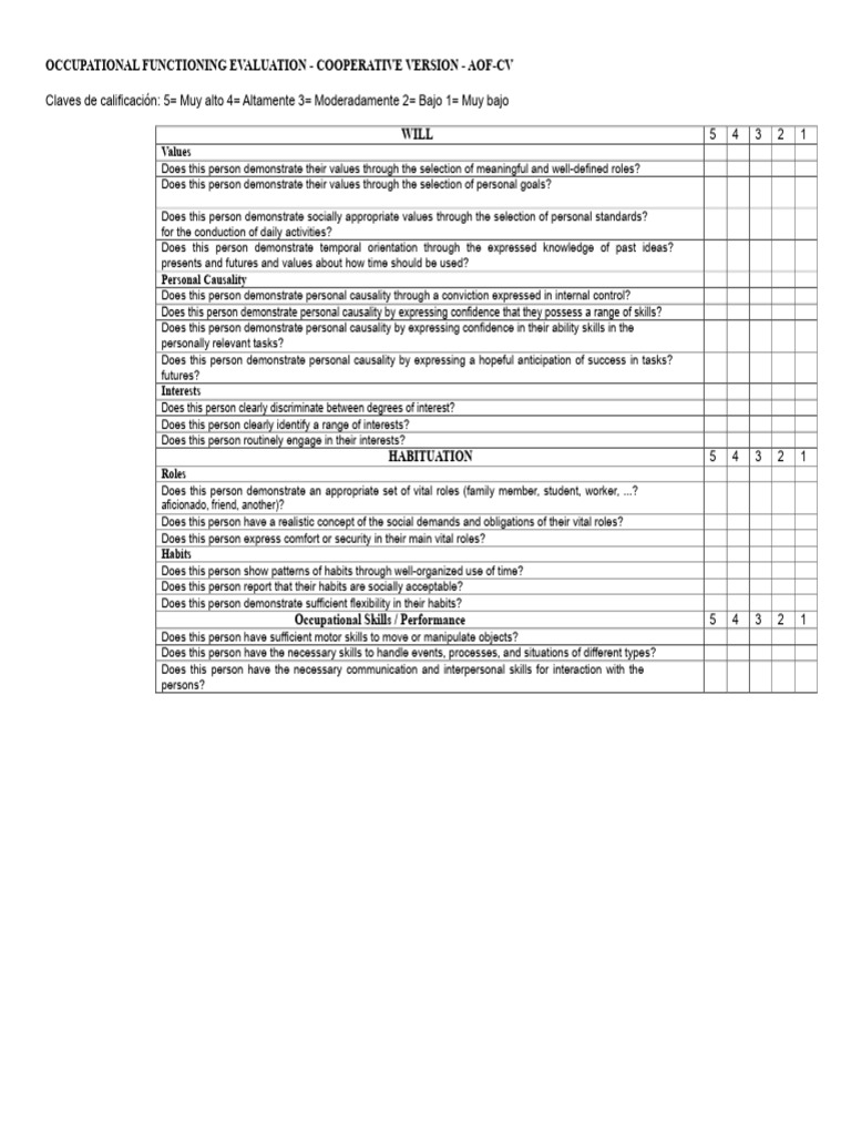 Occupational Functioning Evaluation AOF-CV | PDF | Causality | Skill