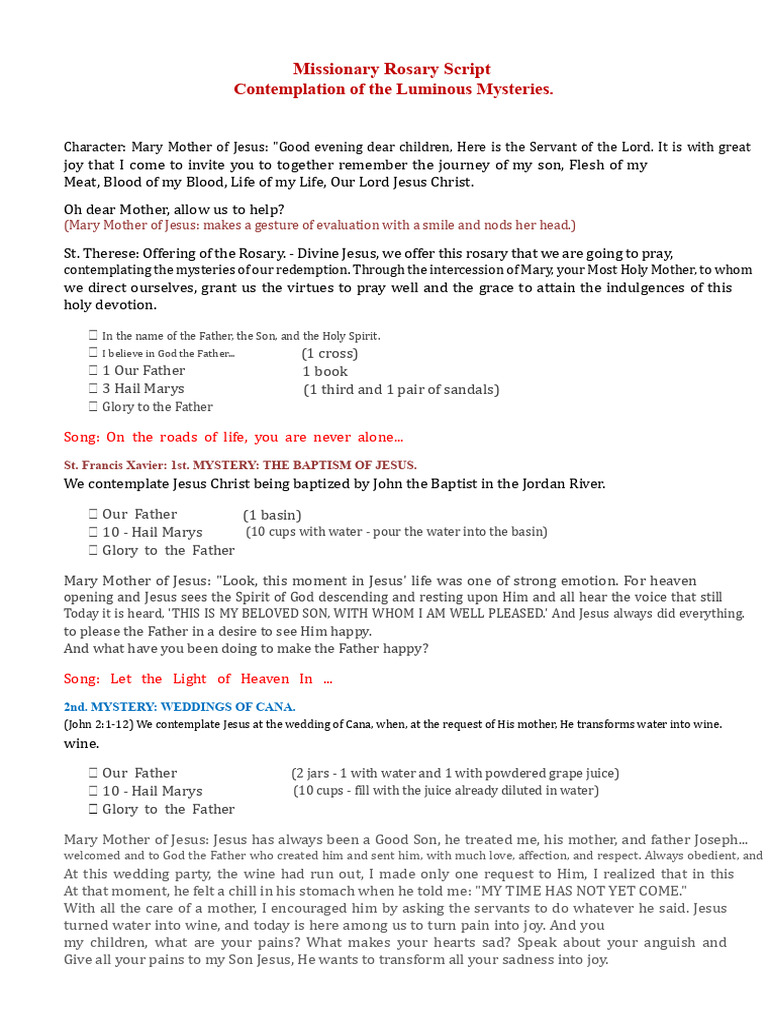 Script of the Luminous Rosary (clanging cans) | PDF | Rosary | Jesus