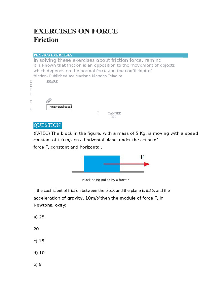 Friction Force Exercises in Physics | PDF | Force | Friction