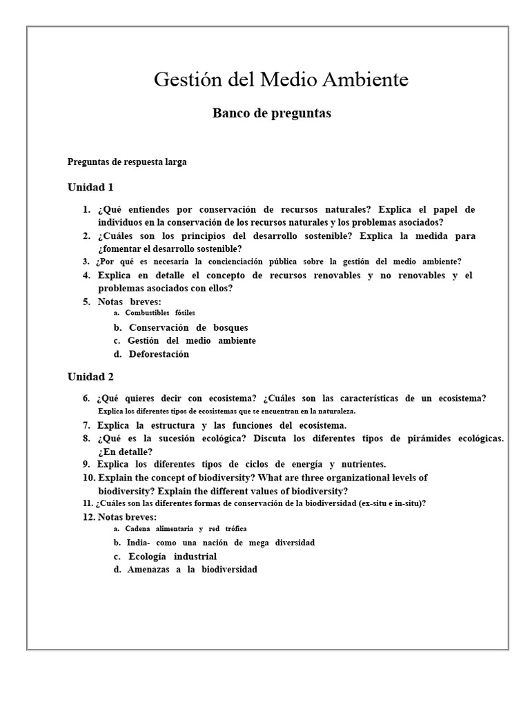 Banco de Preguntas sobre Gestión Ambiental | PDF | Entorno natural ...