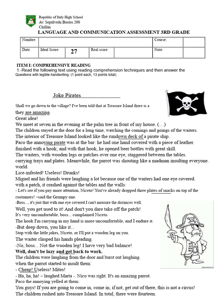 3rd Grade Language Assessment: Treasure Island | PDF
