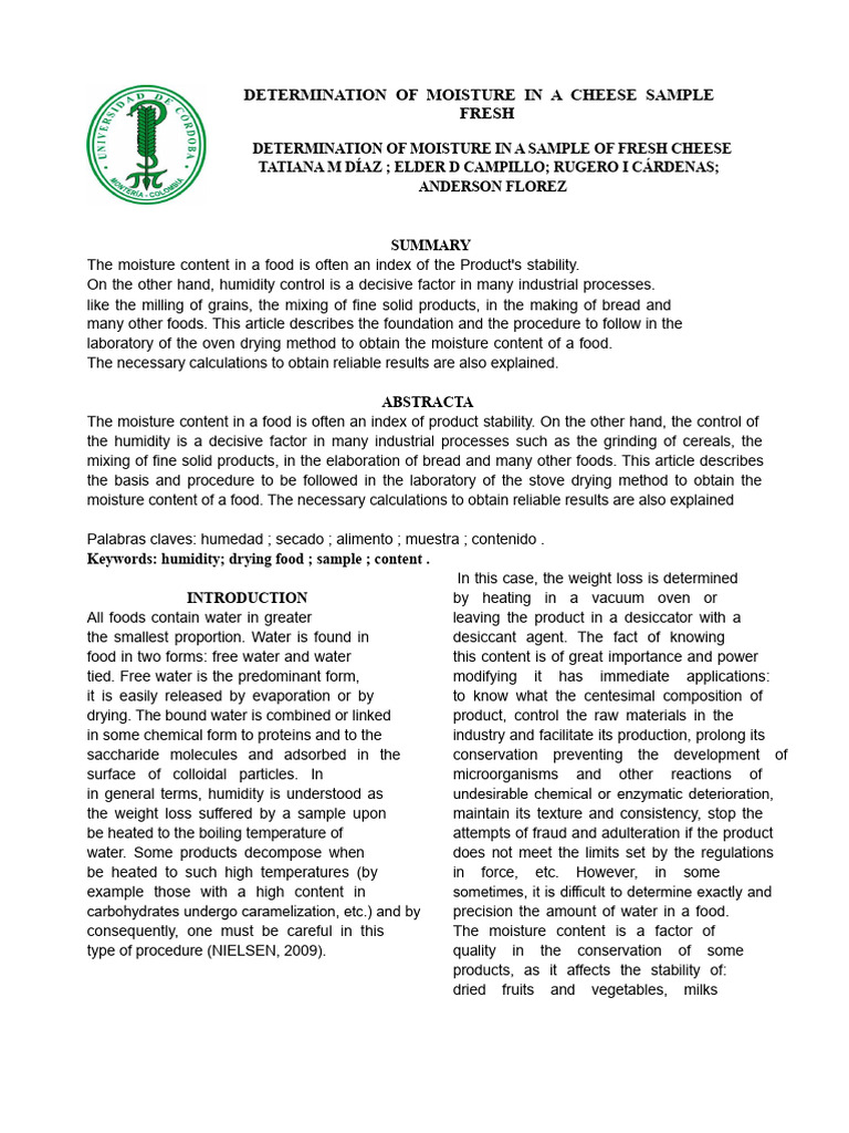 Moisture Content in Fresh Cheese Analysis | PDF | Humidity | Water
