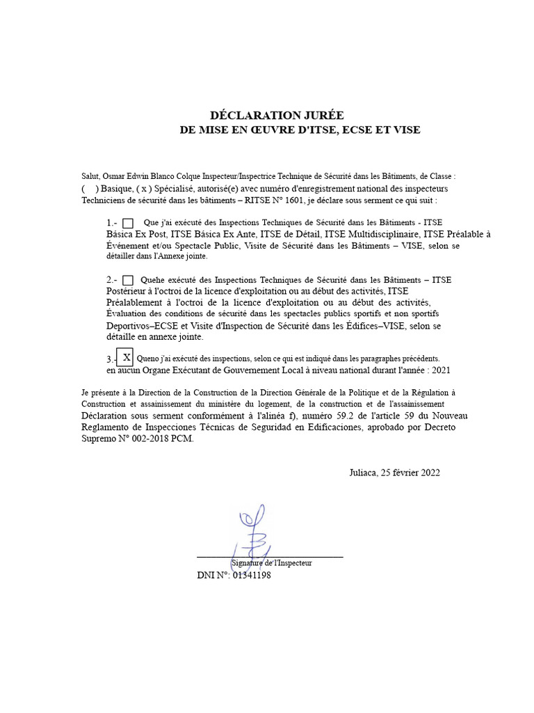 Déclaration d'Inspections de Sécurité | PDF