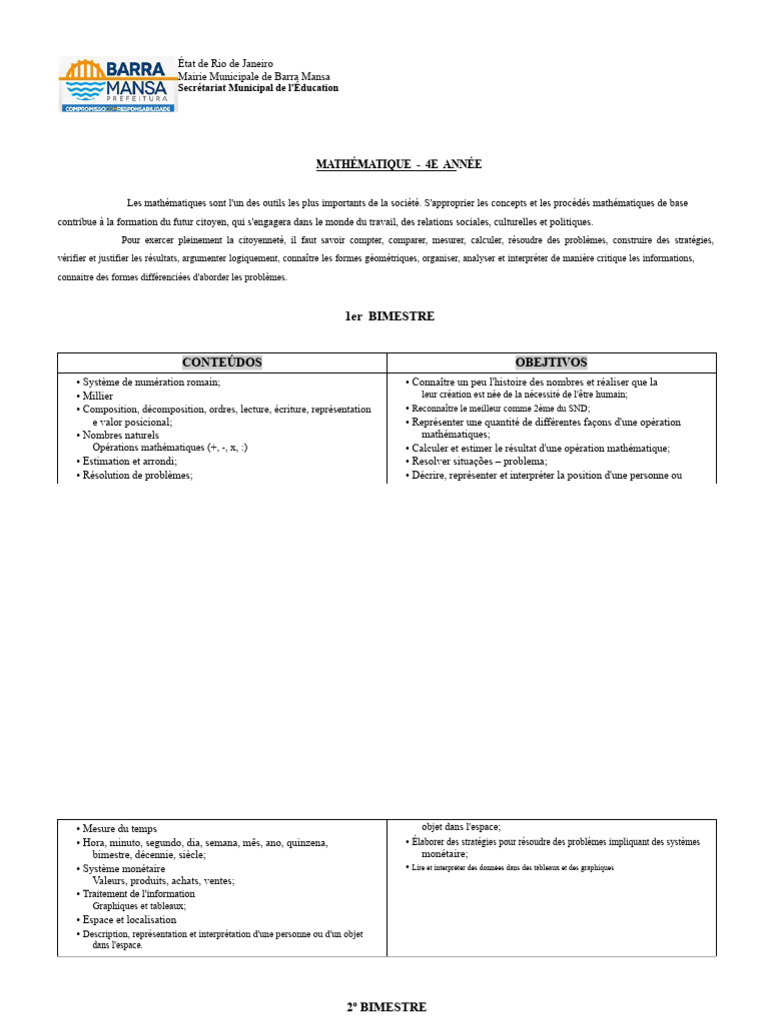 Programme de Mathématiques 4e Année | PDF | Mathématiques | Décimal