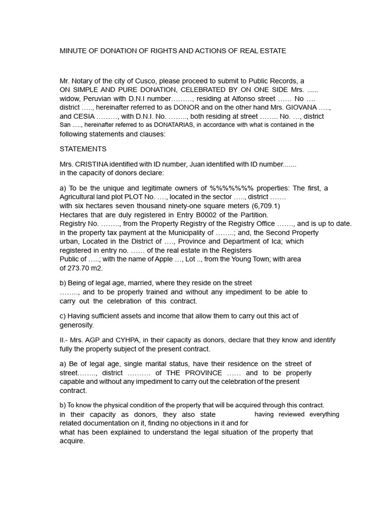 Minutes of Donation of Rights and Actions of Real Estate | PDF ...