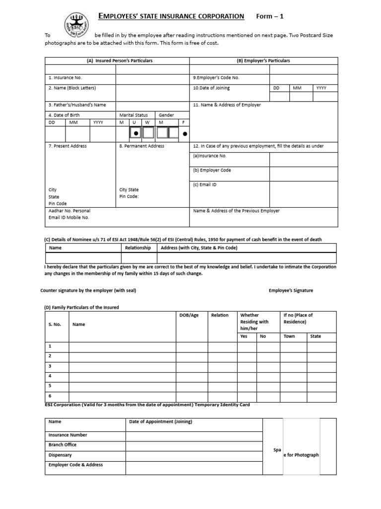 ESI Form 1: Employee Registration Guide | PDF