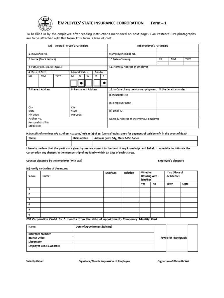 ESI Form 1: Employee Registration Guide | PDF