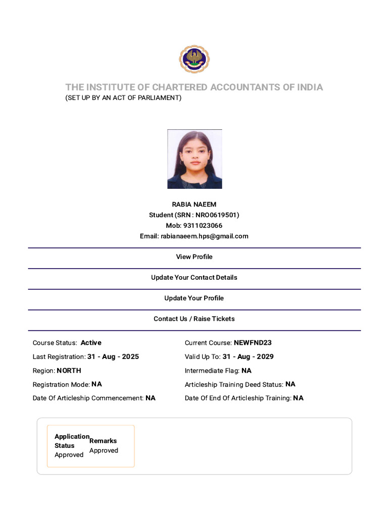 Rabia Naeem's ICAI Foundation Registration | PDF