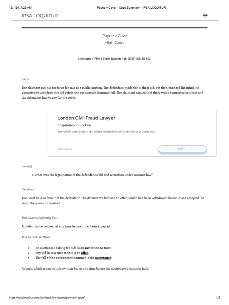 Payne v Cave Case Summary | PDF