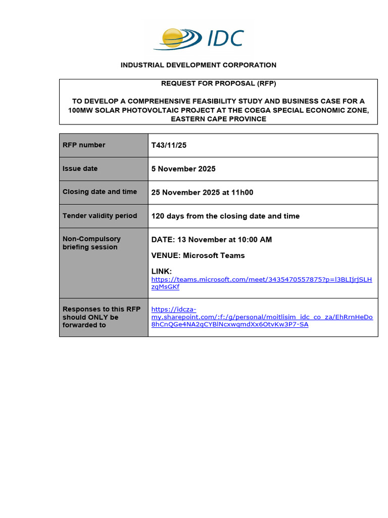 RFP for 100MW Solar Project in Coega | PDF | Environmental Impact ...
