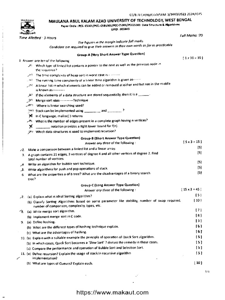 Btech PCC 3 Sem Data Structure and Algorithms PCC Cs301 2024 | PDF