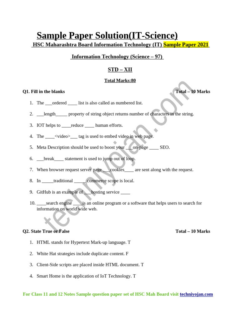 HSC IT Sample Paper 2021 Solutions | PDF | Php | World Wide Web