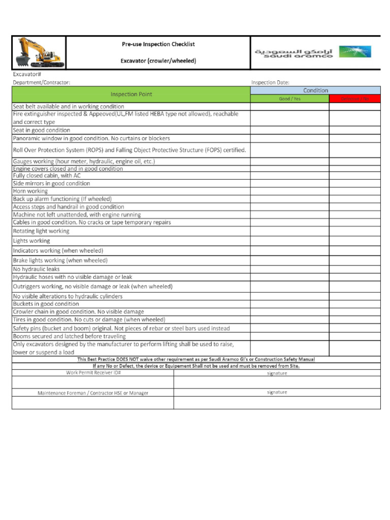 Excavator Checklist | PDF