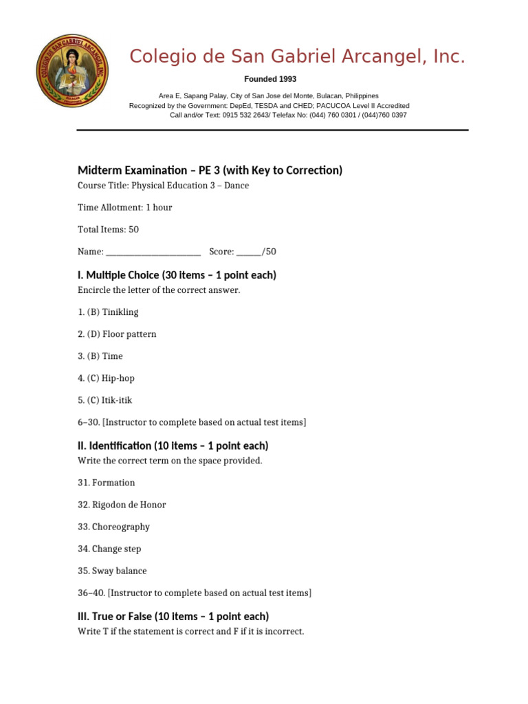 PE3 Midterm Exam Key-4 | PDF